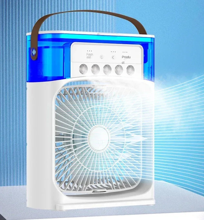Portable fan with blue light on a blue background