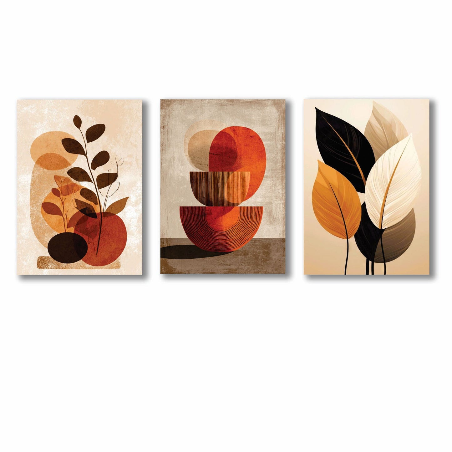 Set of three abstract art prints with geometric shapes and leaves on a beige background