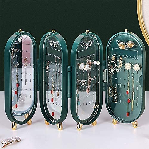 Jewellery Box Organiser with Mirror – Foldable Dustproof Makeup & Jewelry Storage Case with Metal Display Stand