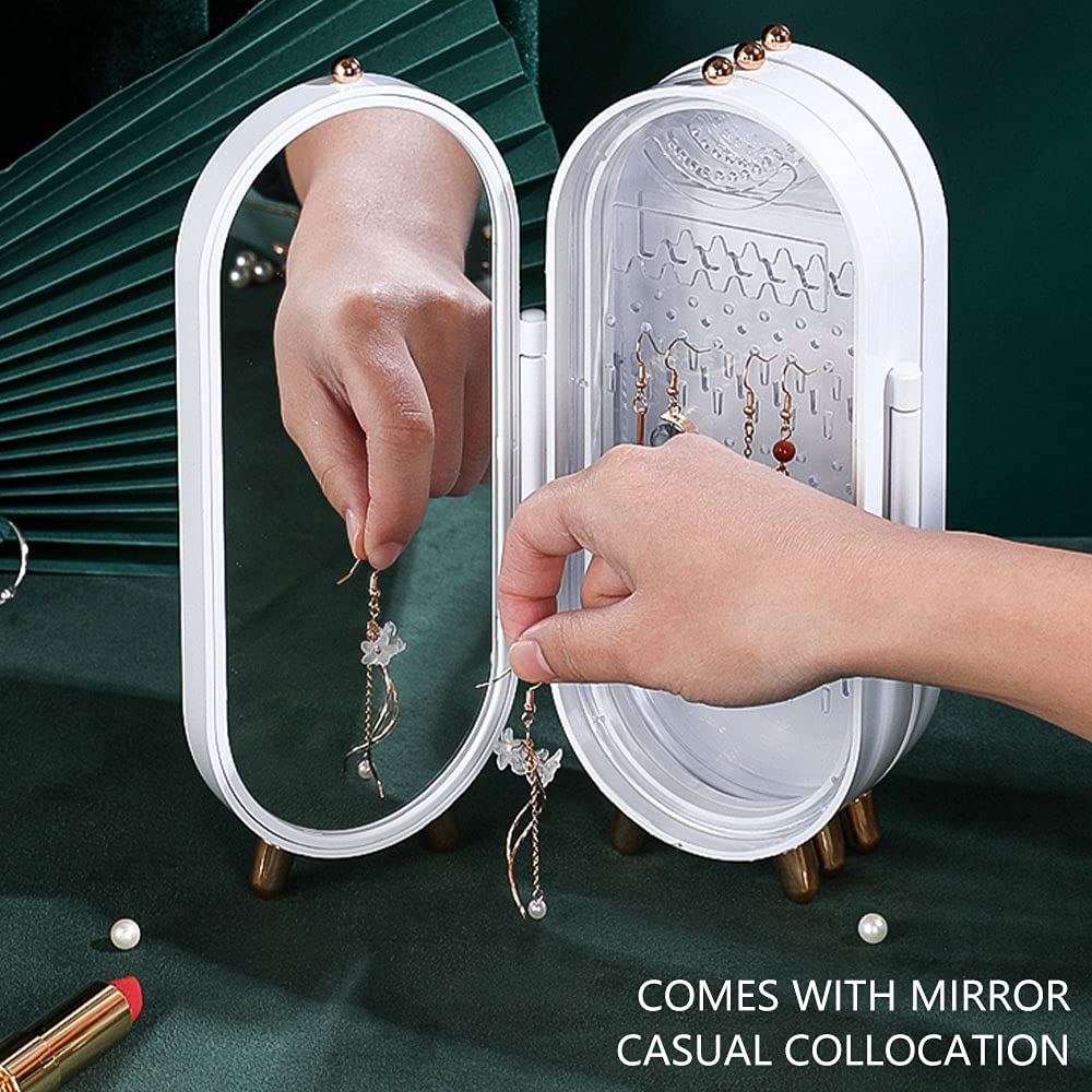 Jewellery Box Organiser with Mirror – Foldable Dustproof Makeup & Jewelry Storage Case with Metal Display Stand
