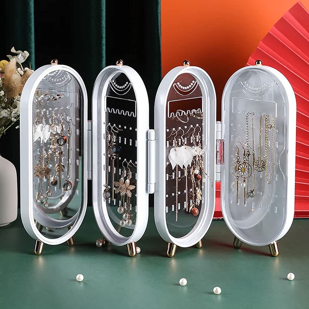 Jewellery Box Organiser with Mirror – Foldable Dustproof Makeup & Jewelry Storage Case with Metal Display Stand