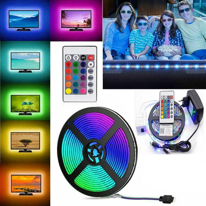 Collage of LED strip lights with TV screens, remote control, and people watching TV.