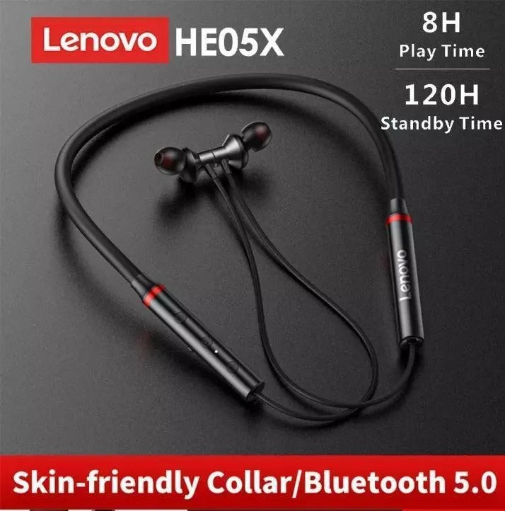 Lenovo HE05X wireless earbuds with charging cable on a dark background