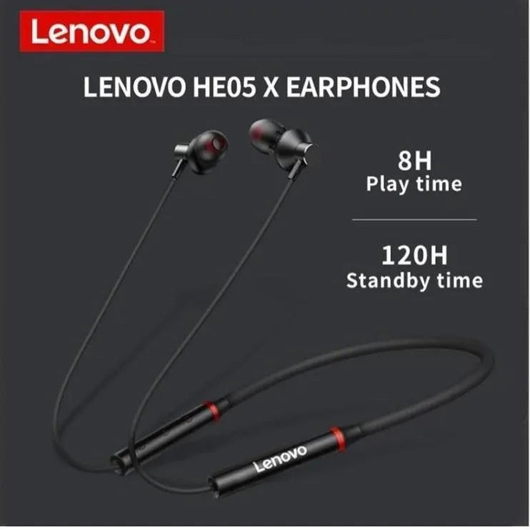 Lenovo HE05 X earphones with charging cable on a dark background