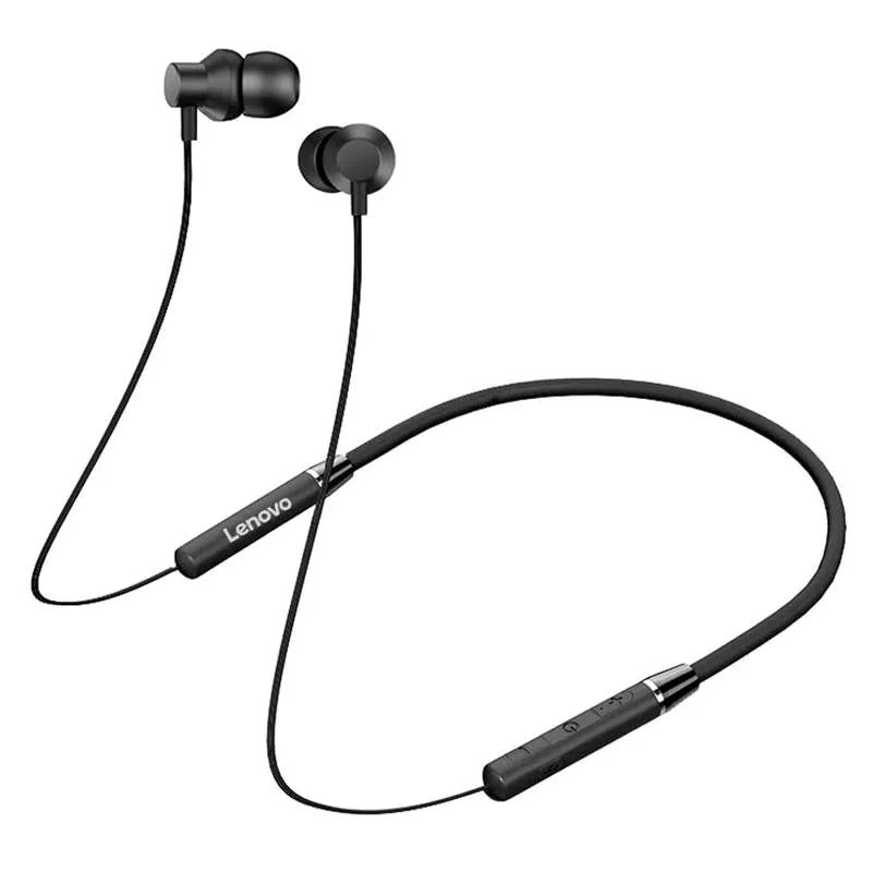 Black Lenovo wireless earbuds with a cable on a white background