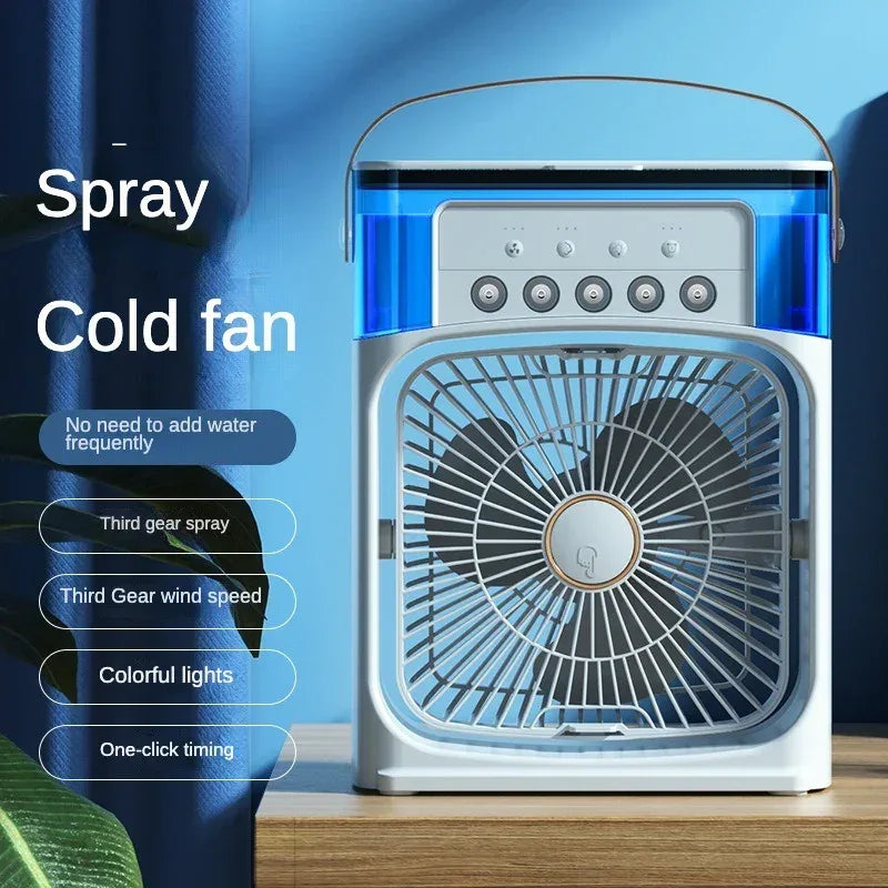 Spray cold fan with blue light on a wooden surface against a blue curtain background
