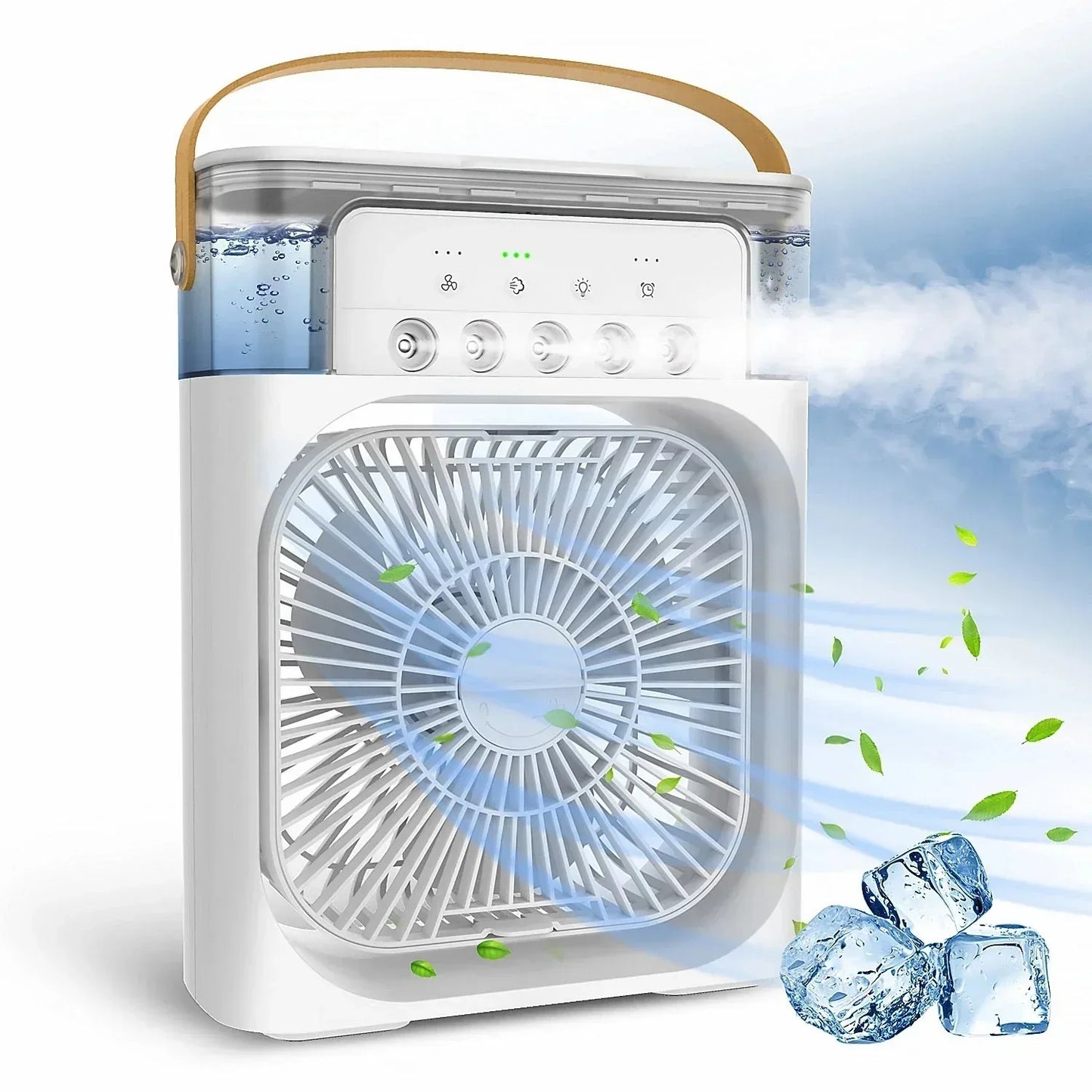 Portable air cooler with water tank and fan blades on a blue sky background