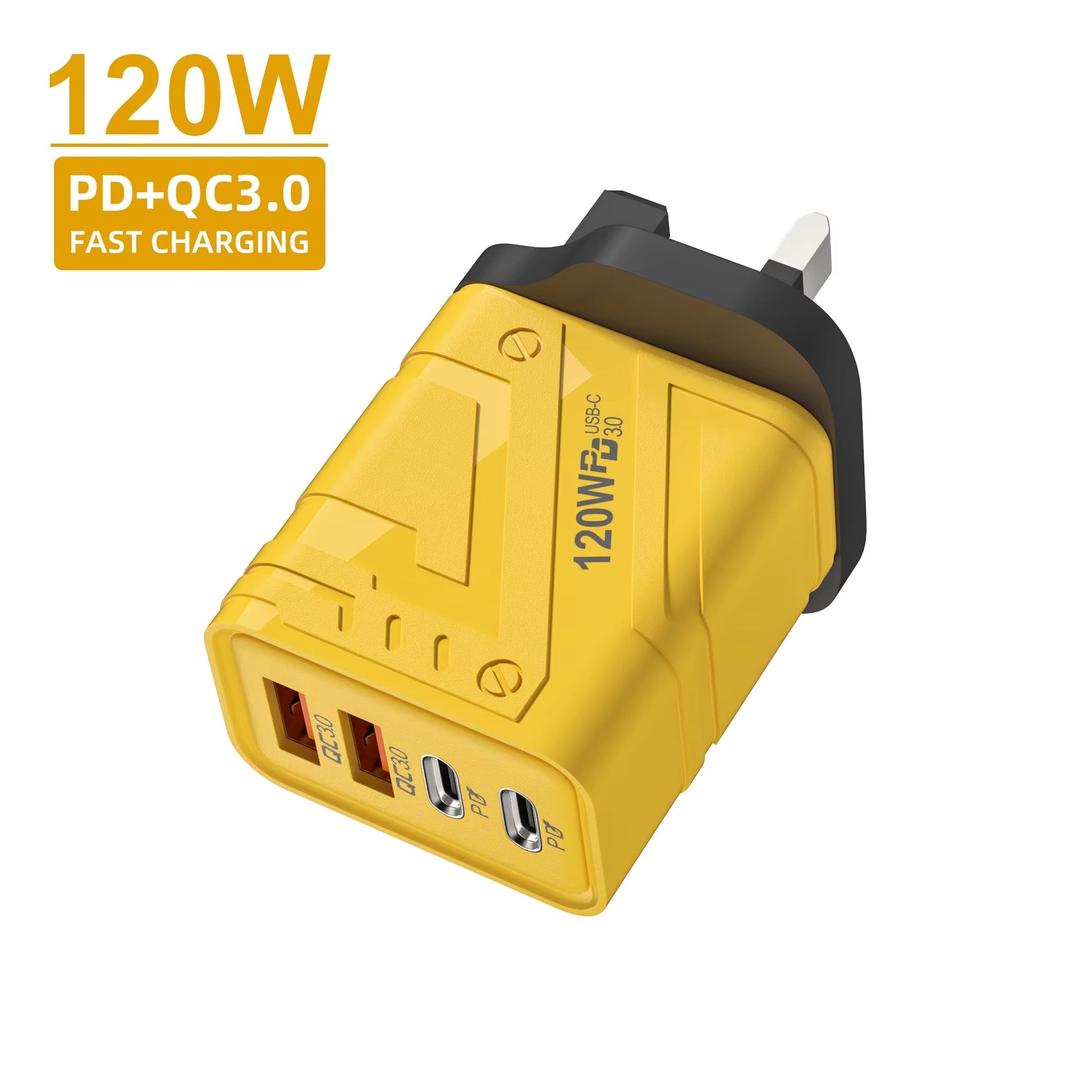 Yellow power adapter with multiple ports on a white background