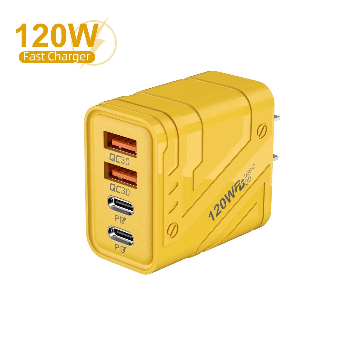 Yellow 120W fast charger with multiple USB ports on a white background