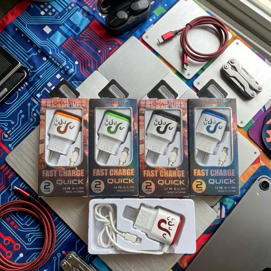Four packages of 'Fast Charge Quick' USB cables on a colorful background with electronic components.