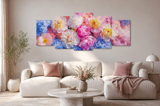 5-Piece Floral Bouquet Wall Art – Pink & Blue Peonies Wooden Sticky Tiles (40x16 Inch Ready Size)