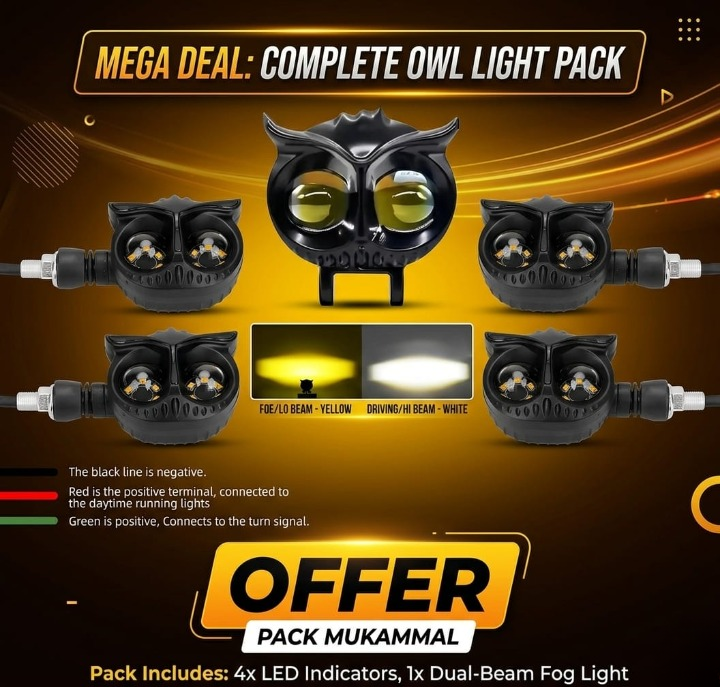 Universal Owl Fog Light & 4 Owl Indicator Set for 70CC, 125CC & All Motorcycles | Super Bright LED Bike Lights